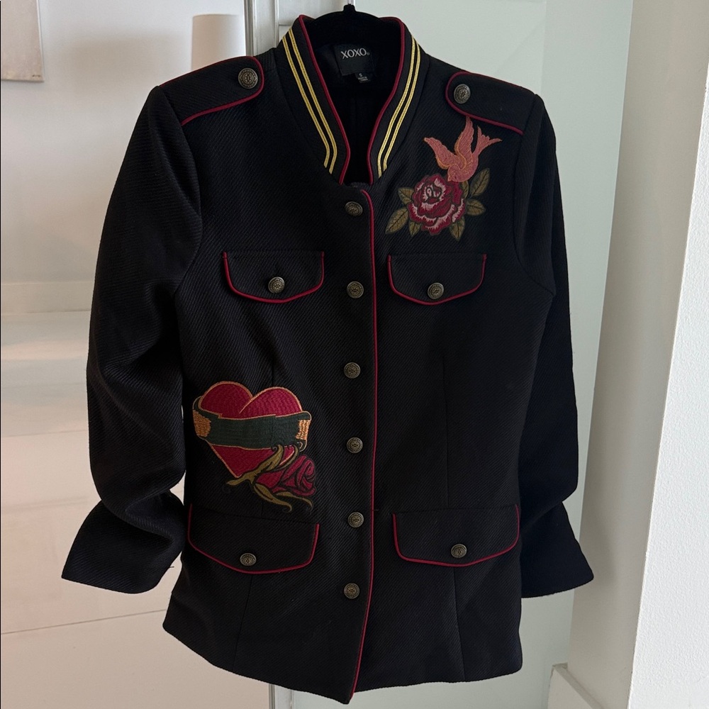 XOXO Black Blazer Jacket with Red Trim and Embroidered Rose & Hearts